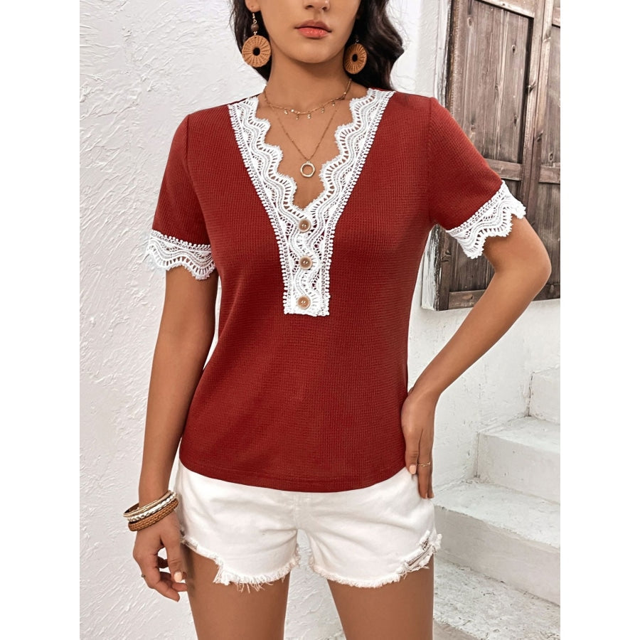 Decorative Button Spliced Lace Short Sleeve Top