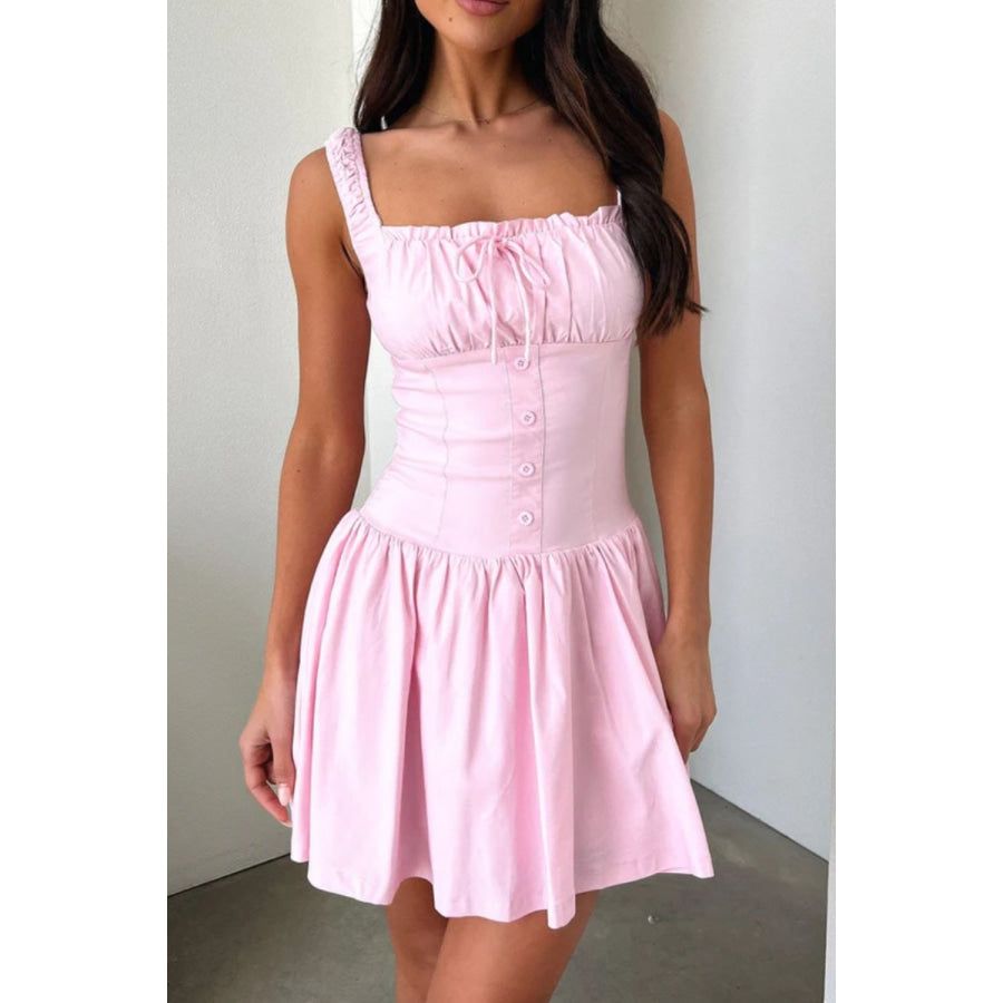 Decorative Button Square Neck Cami Dress Pink / S Apparel and Accessories