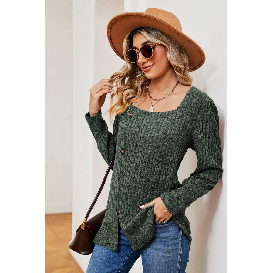 Decorative Button Square Neck T - Shirt Green / S Apparel and Accessories