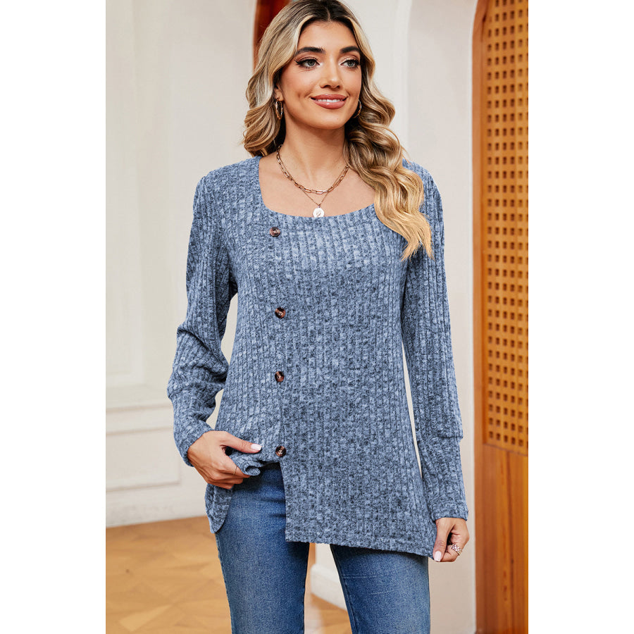Decorative Button Square Neck T - Shirt Dusty Blue / S Apparel and Accessories
