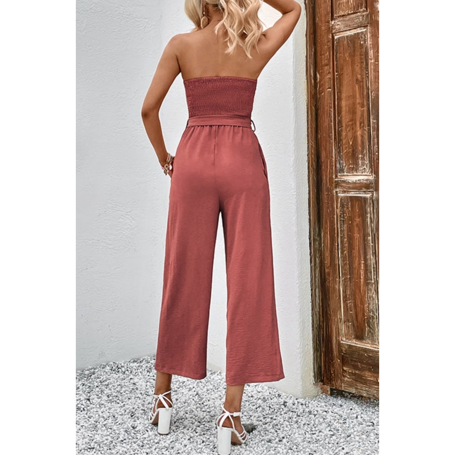 Decorative Button Strapless Smocked Jumpsuit with Pockets