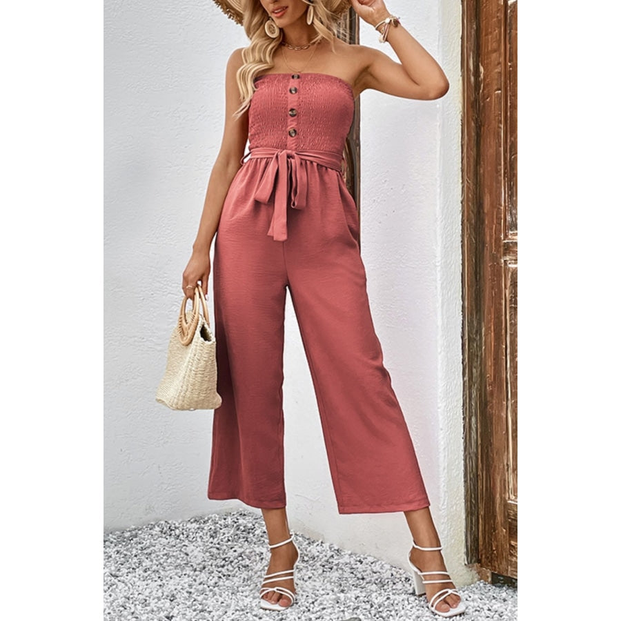 Decorative Button Strapless Smocked Jumpsuit with Pockets