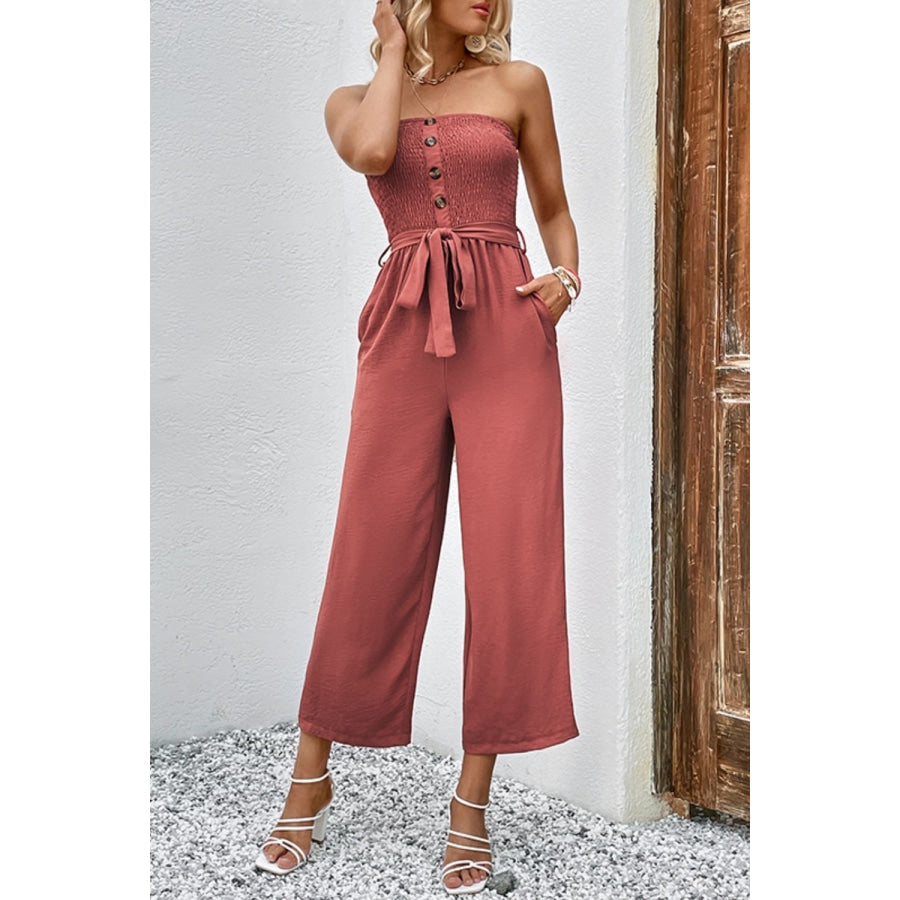 Decorative Button Strapless Smocked Jumpsuit with Pockets