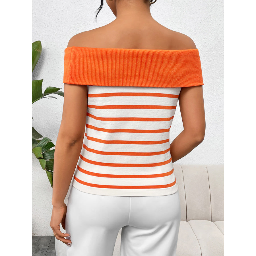 Decorative Button Striped Off - Shoulder Knit Top Apparel and Accessories
