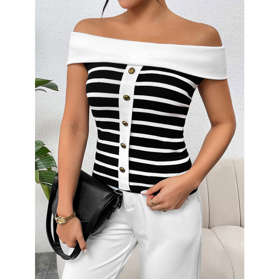 Decorative Button Striped Off - Shoulder Knit Top Apparel and Accessories
