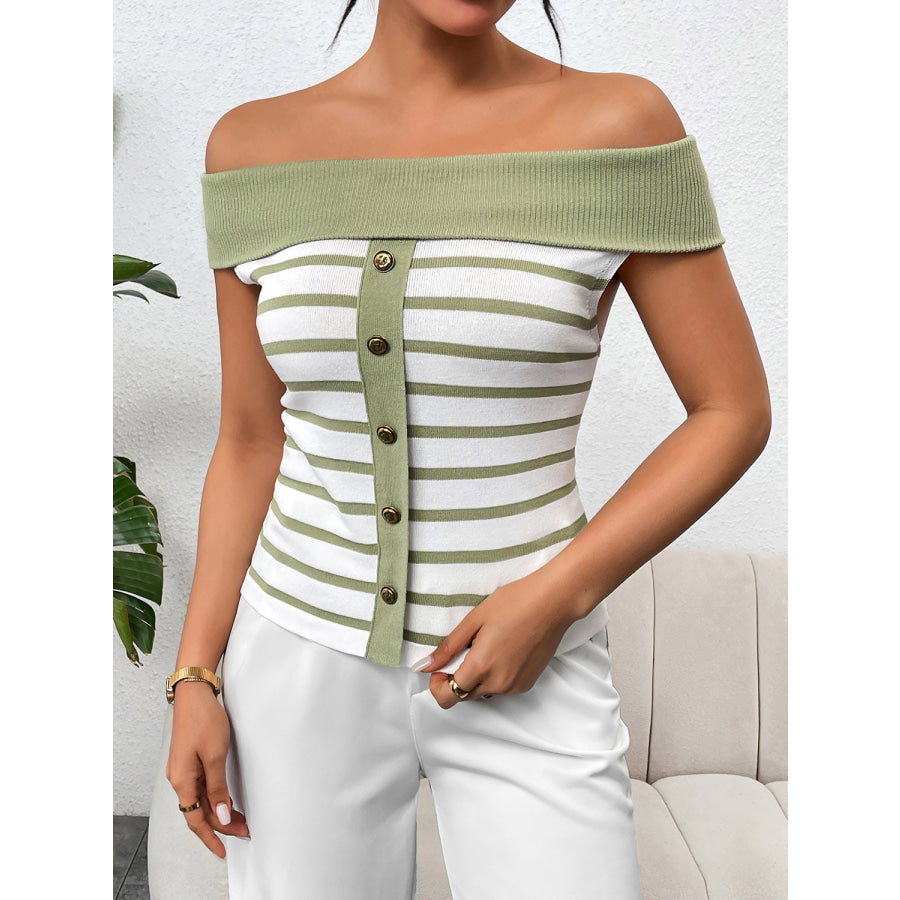 Decorative Button Striped Off - Shoulder Knit Top Apparel and Accessories