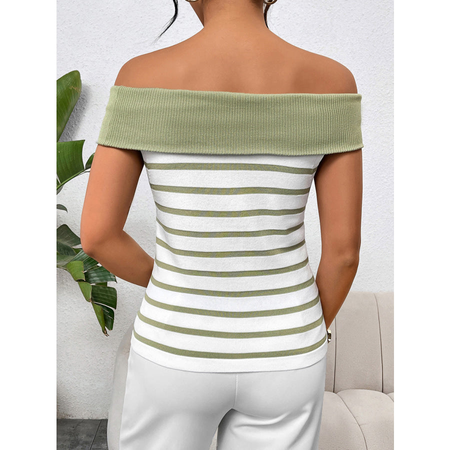 Decorative Button Striped Off - Shoulder Knit Top Apparel and Accessories