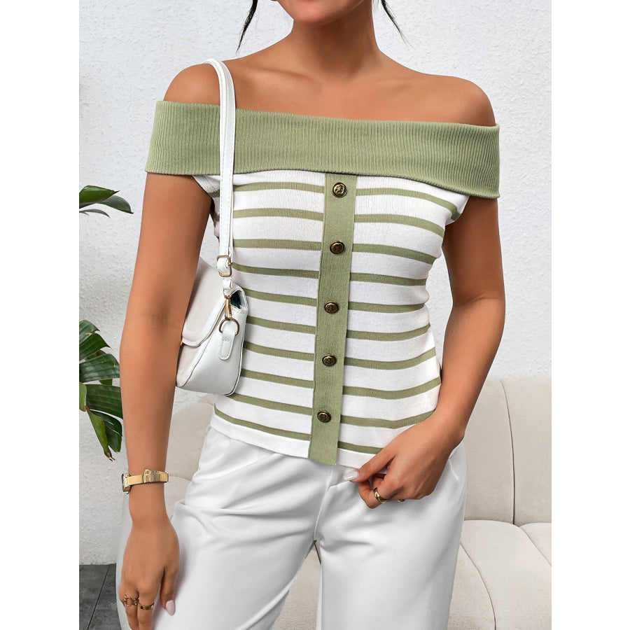 Decorative Button Striped Off - Shoulder Knit Top Apparel and Accessories