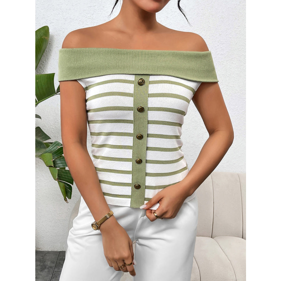 Decorative Button Striped Off - Shoulder Knit Top Light Green / S Apparel and Accessories