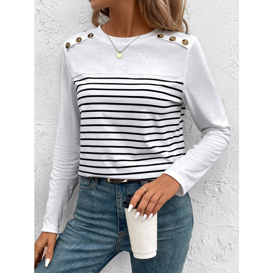 Decorative Button Striped Round Neck Long Sleeve T-Shirt Apparel and Accessories