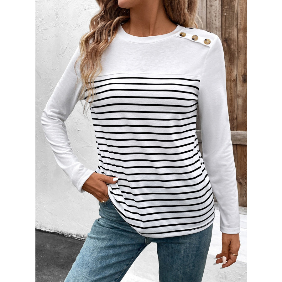 Decorative Button Striped Round Neck Long Sleeve T-Shirt Apparel and Accessories