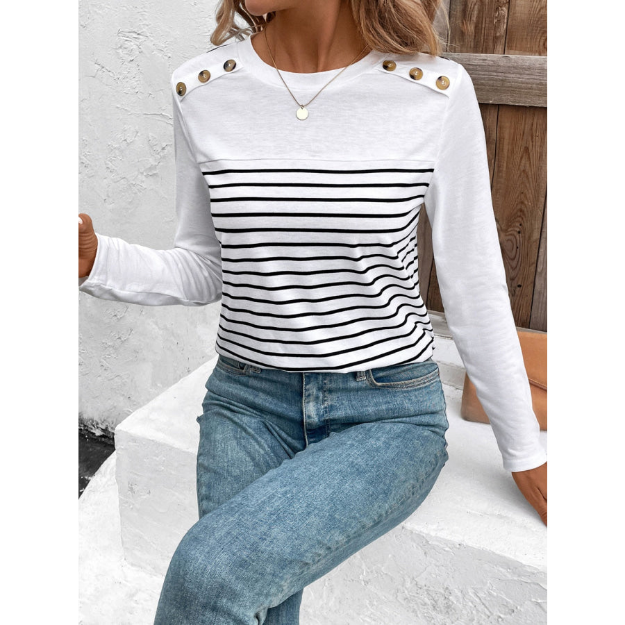 Decorative Button Striped Round Neck Long Sleeve T-Shirt Apparel and Accessories