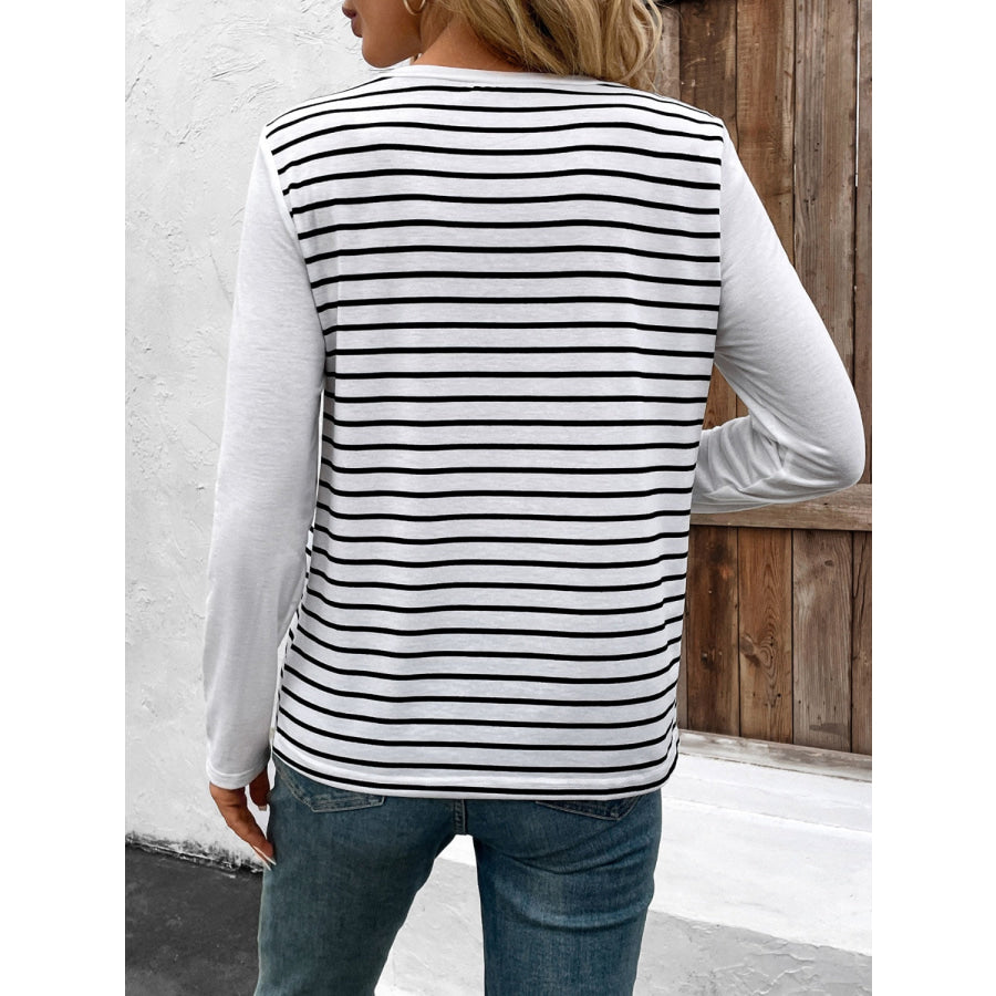 Decorative Button Striped Round Neck Long Sleeve T-Shirt Apparel and Accessories