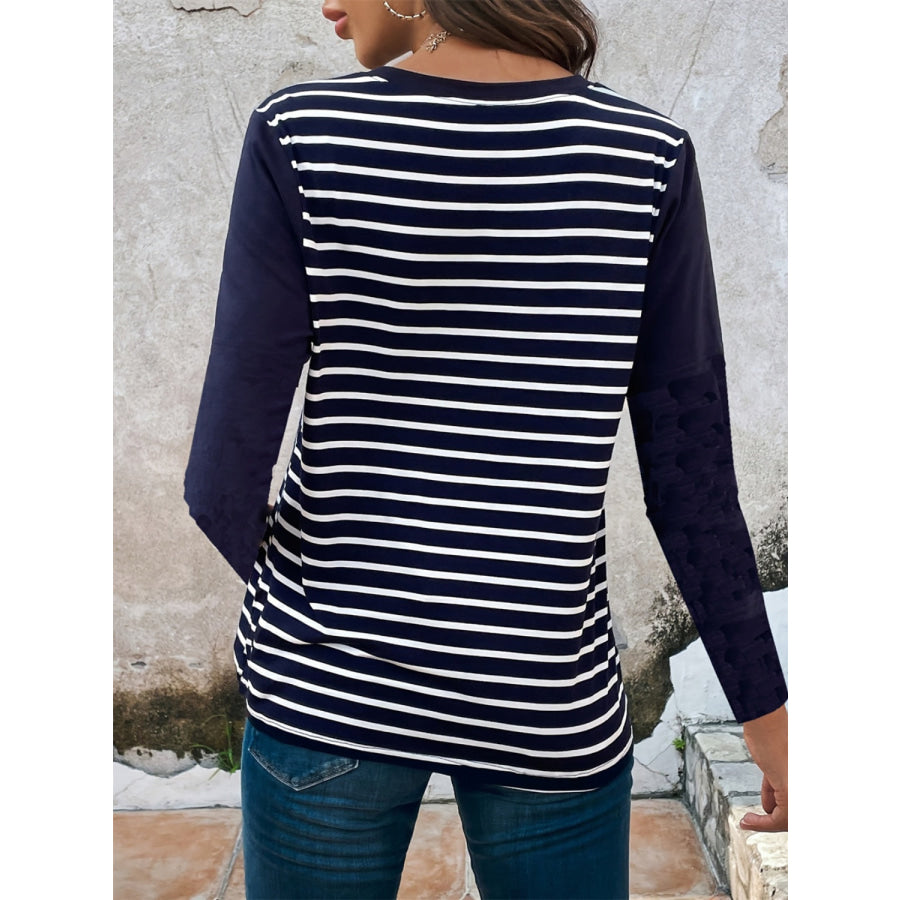 Decorative Button Striped Round Neck Long Sleeve T-Shirt Apparel and Accessories