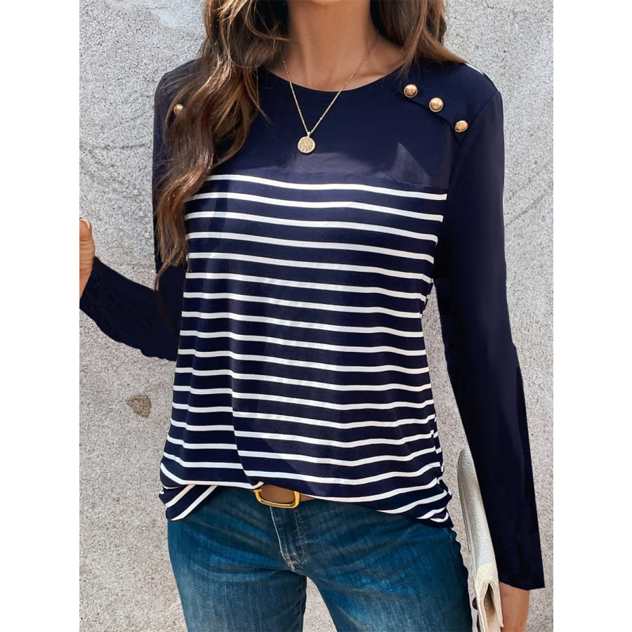 Decorative Button Striped Round Neck Long Sleeve T-Shirt Apparel and Accessories