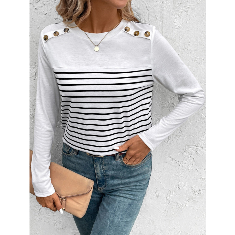 Decorative Button Striped Round Neck Long Sleeve T-Shirt Apparel and Accessories