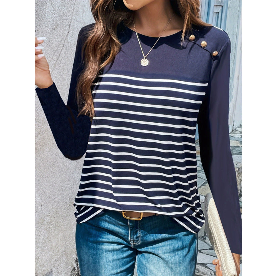 Decorative Button Striped Round Neck Long Sleeve T-Shirt Indigo / S Apparel and Accessories