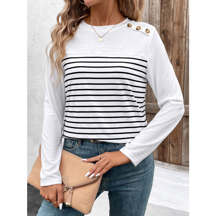 Decorative Button Striped Round Neck Long Sleeve T-Shirt Stripe / S Apparel and Accessories