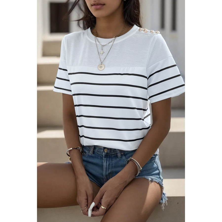 Decorative Button Striped Short Sleeve T - Shirt Apparel and Accessories
