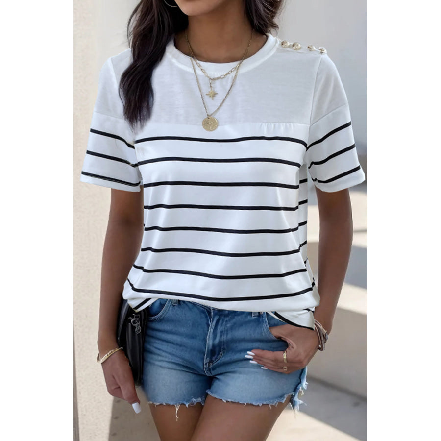 Decorative Button Striped Short Sleeve T - Shirt Apparel and Accessories