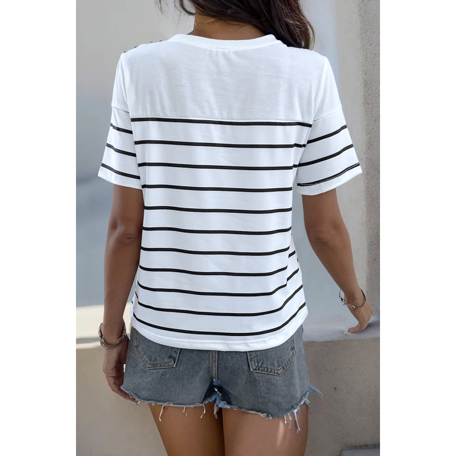 Decorative Button Striped Short Sleeve T - Shirt White / S Apparel and Accessories