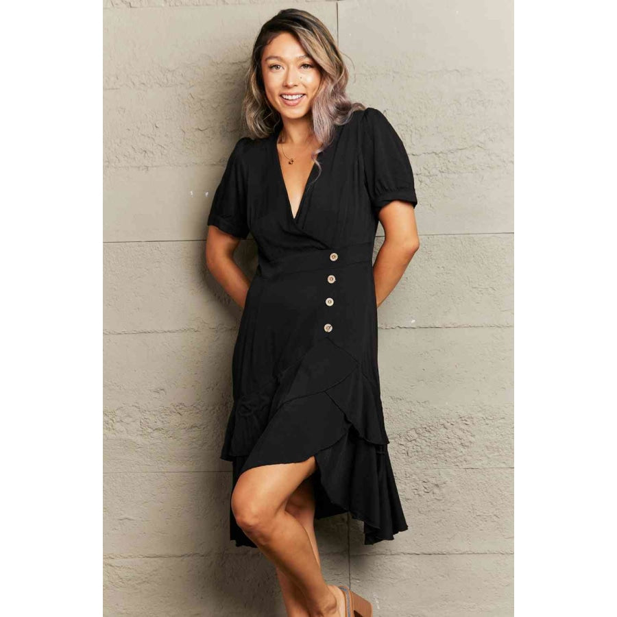 Decorative Button Surplice Ruffle Hem Dress Apparel and Accessories