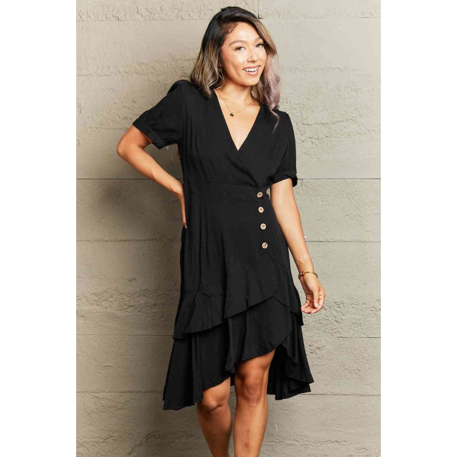 Decorative Button Surplice Ruffle Hem Dress Apparel and Accessories