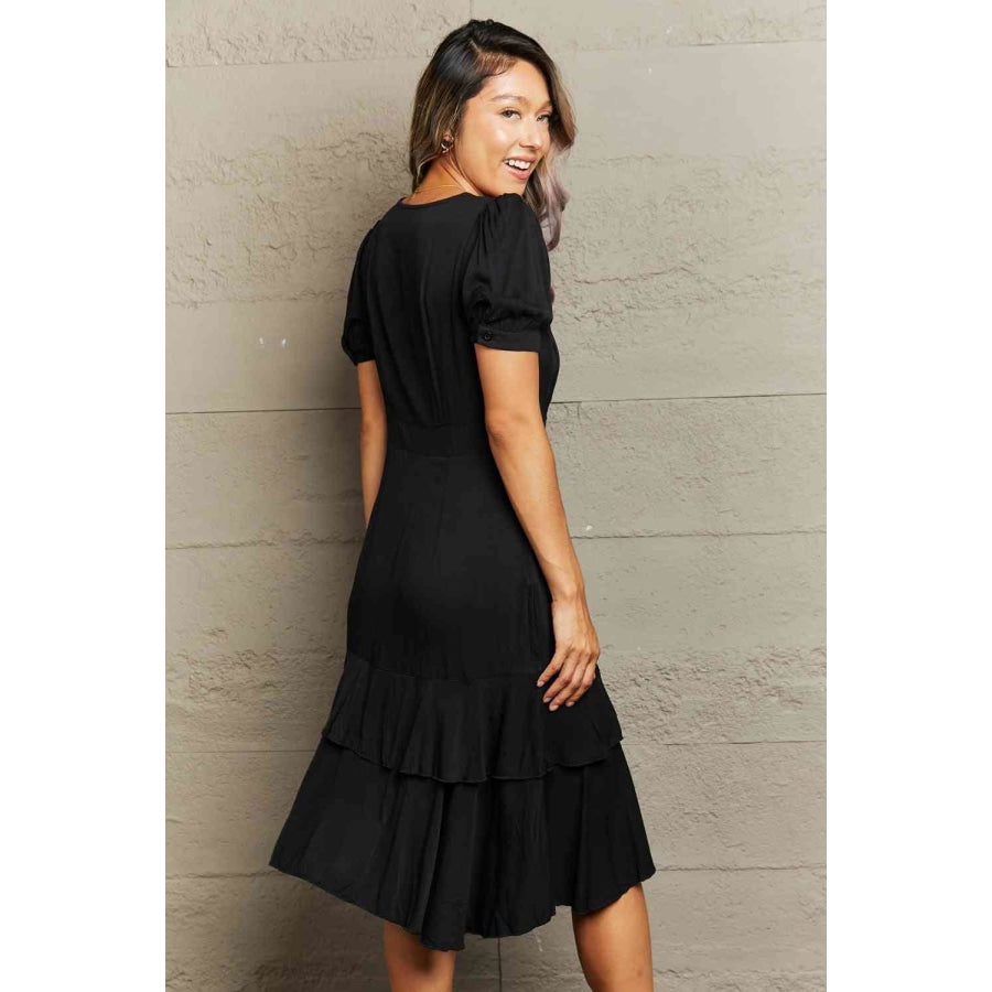 Decorative Button Surplice Ruffle Hem Dress Apparel and Accessories