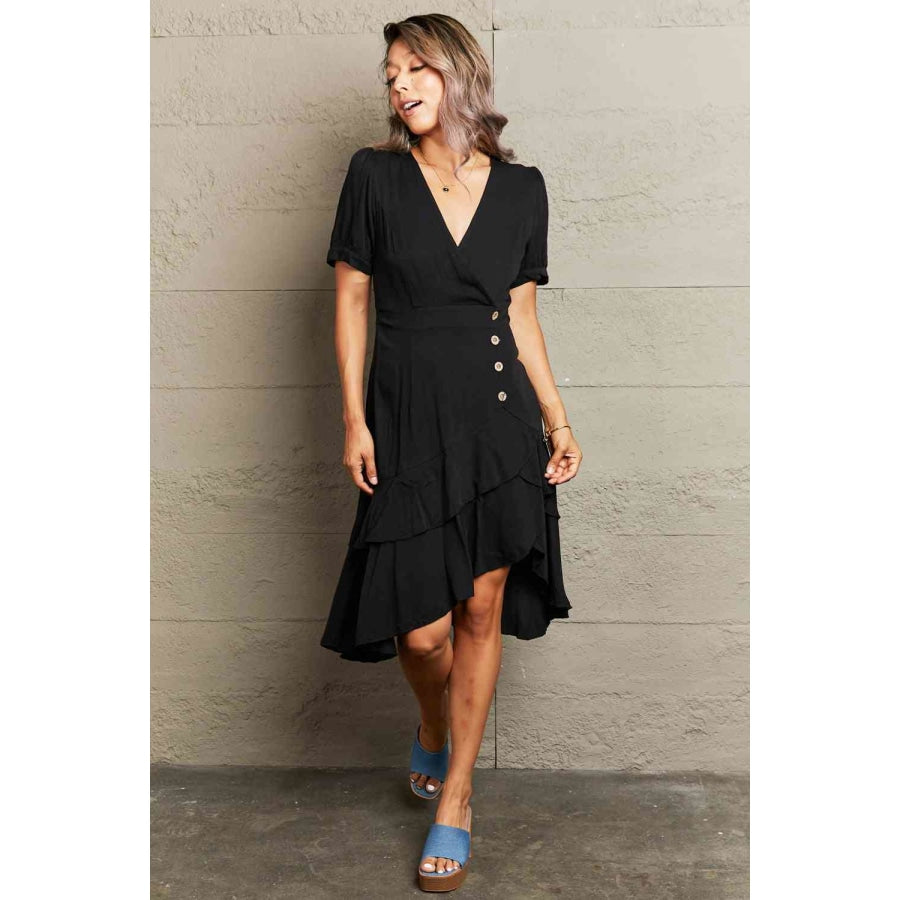 Decorative Button Surplice Ruffle Hem Dress Black / S Apparel and Accessories