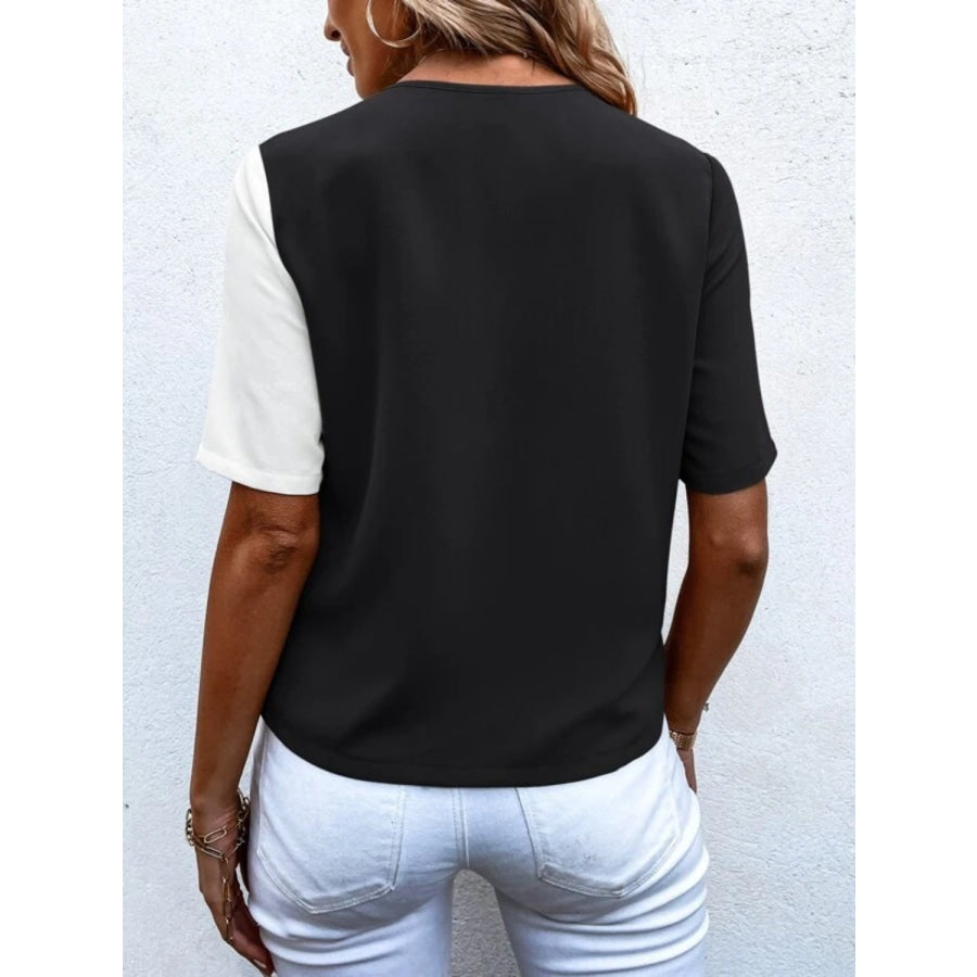 Decorative Button Surplice Short Sleeve Blouse Apparel and Accessories