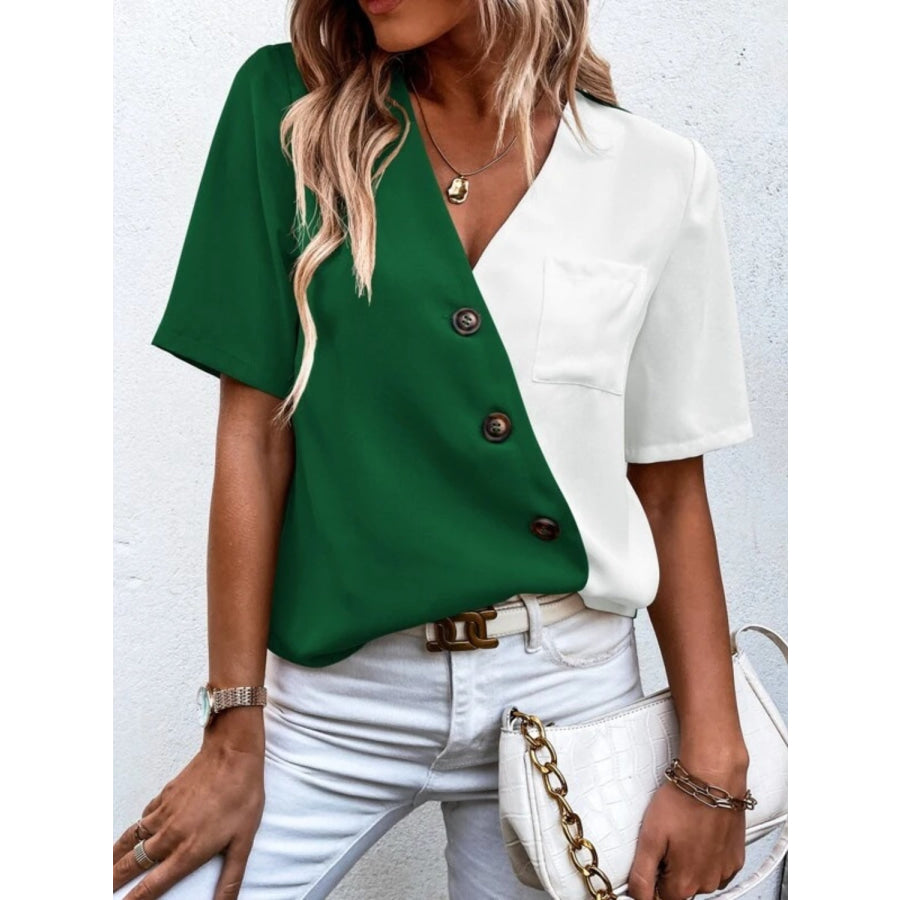 Decorative Button Surplice Short Sleeve Blouse Apparel and Accessories