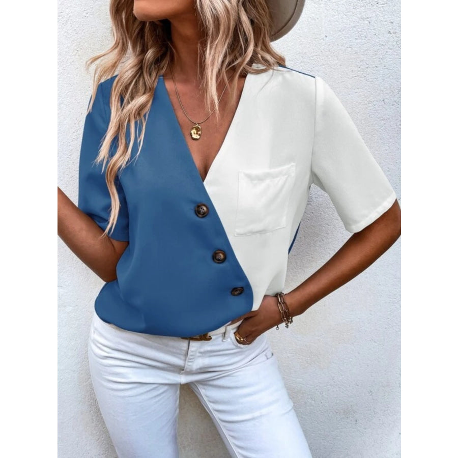 Decorative Button Surplice Short Sleeve Blouse Apparel and Accessories