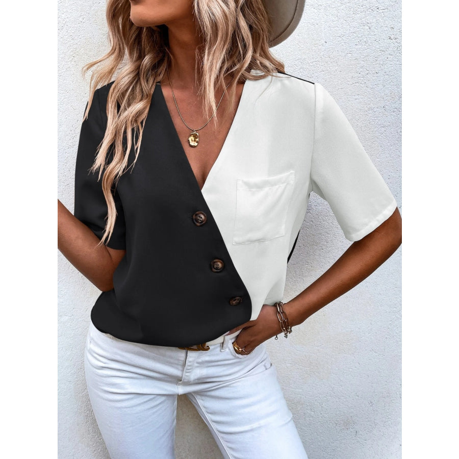 Decorative Button Surplice Short Sleeve Blouse Apparel and Accessories