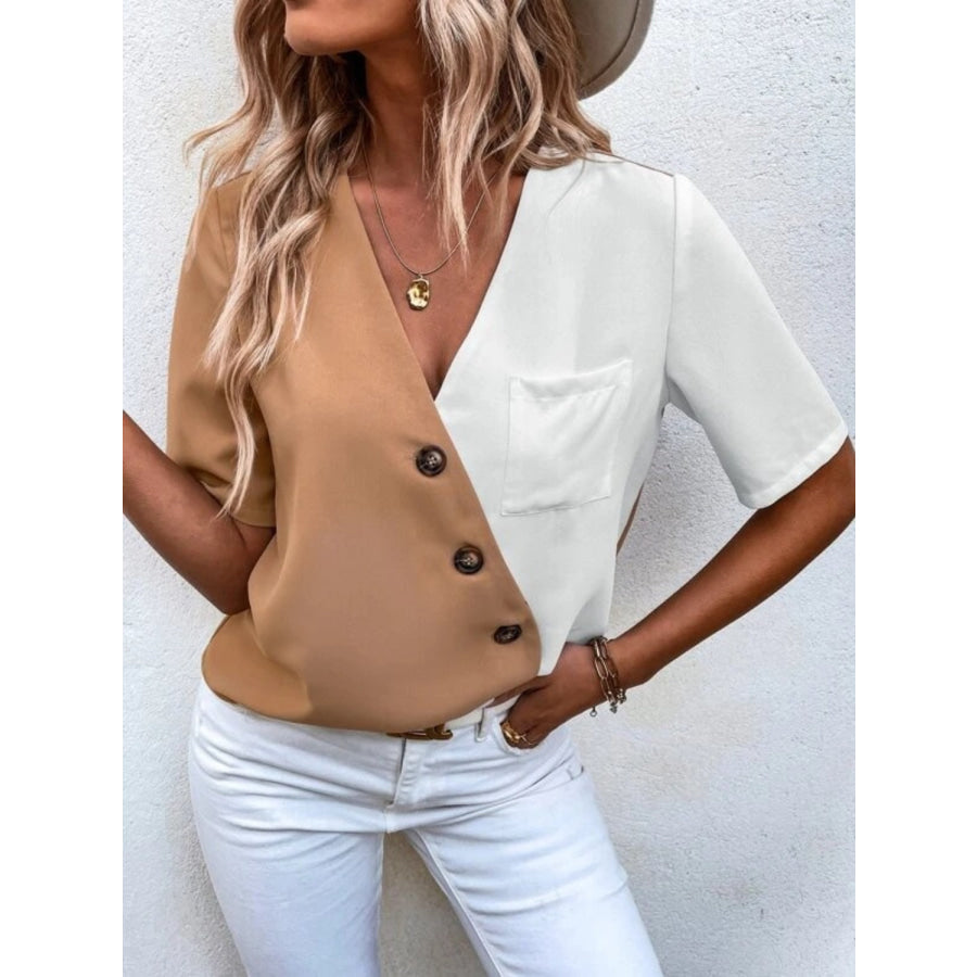 Decorative Button Surplice Short Sleeve Blouse Apparel and Accessories