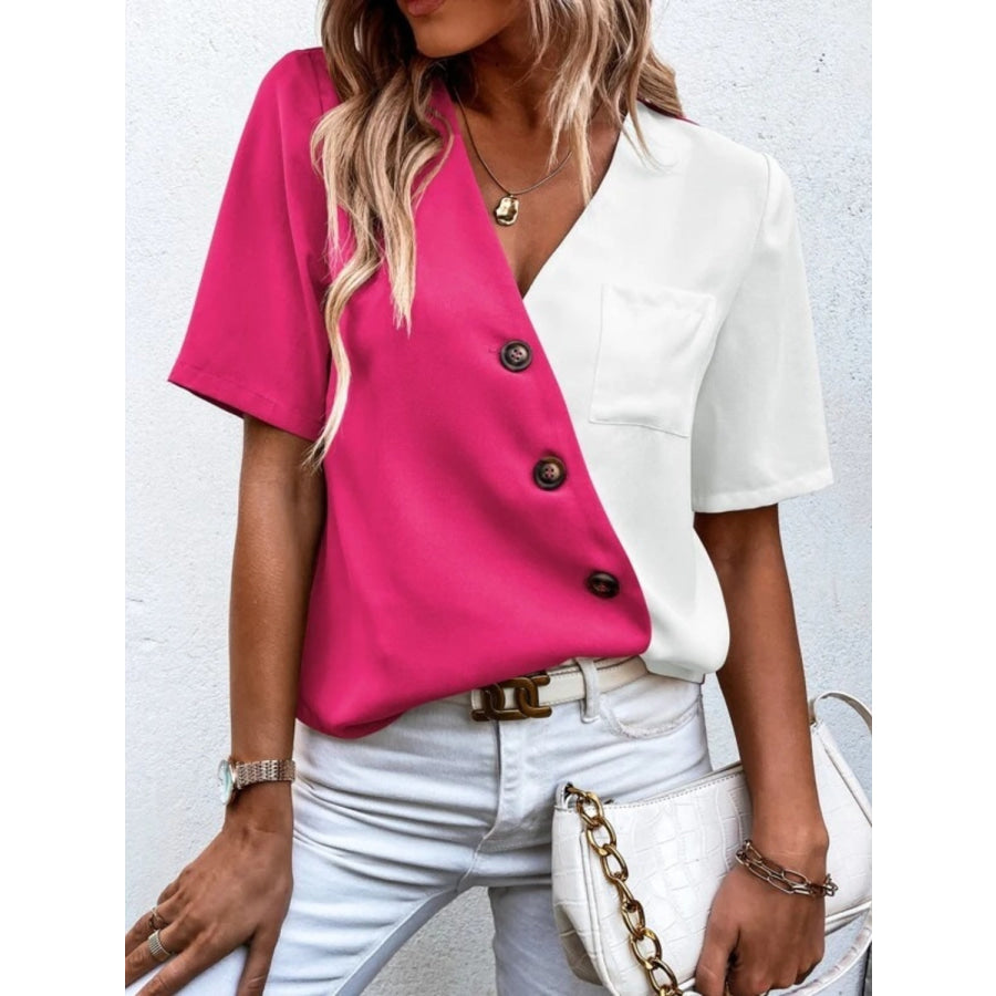 Decorative Button Surplice Short Sleeve Blouse Apparel and Accessories