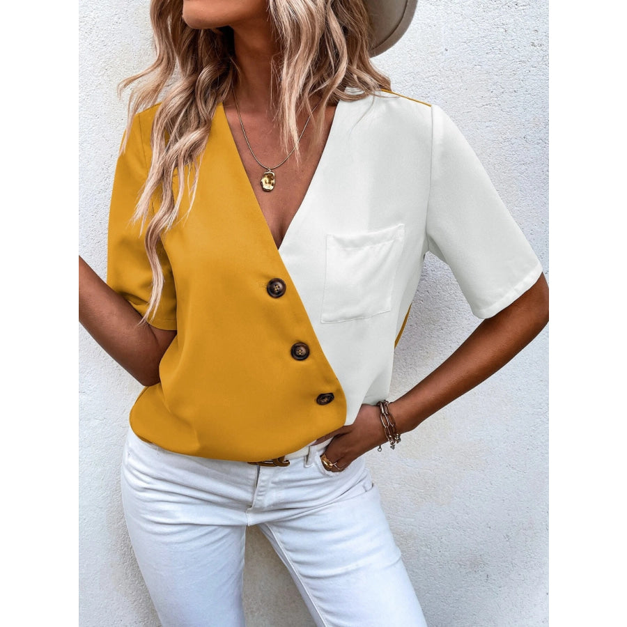 Decorative Button Surplice Short Sleeve Blouse Apparel and Accessories