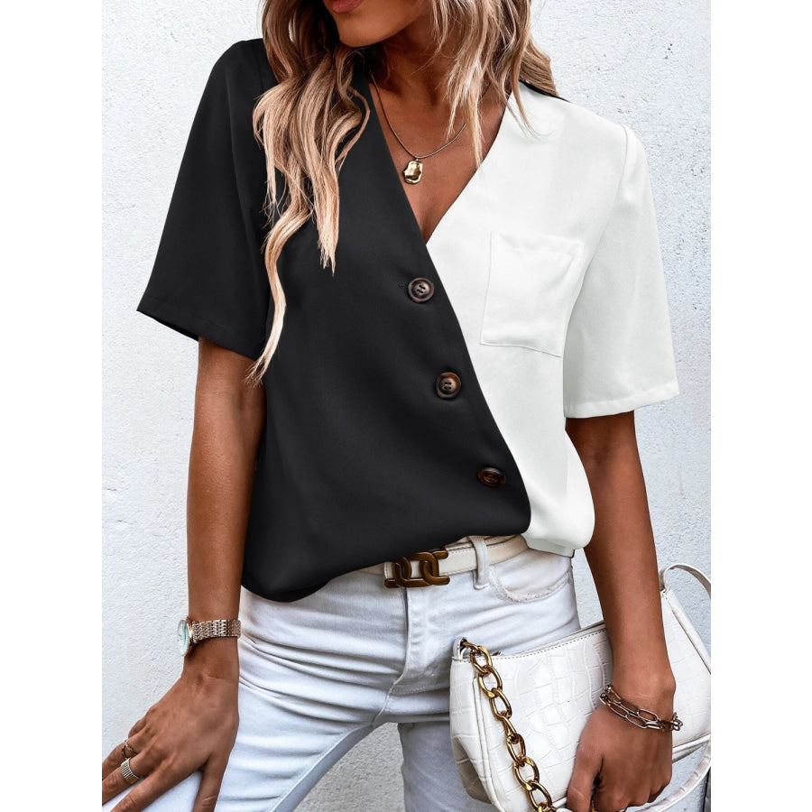 Decorative Button Surplice Short Sleeve Blouse Black / S Apparel and Accessories