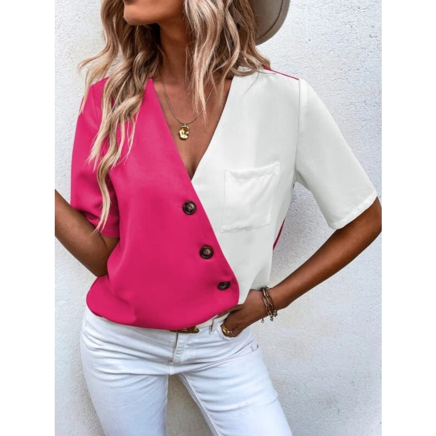 Decorative Button Surplice Short Sleeve Blouse Deep Rose / S Apparel and Accessories