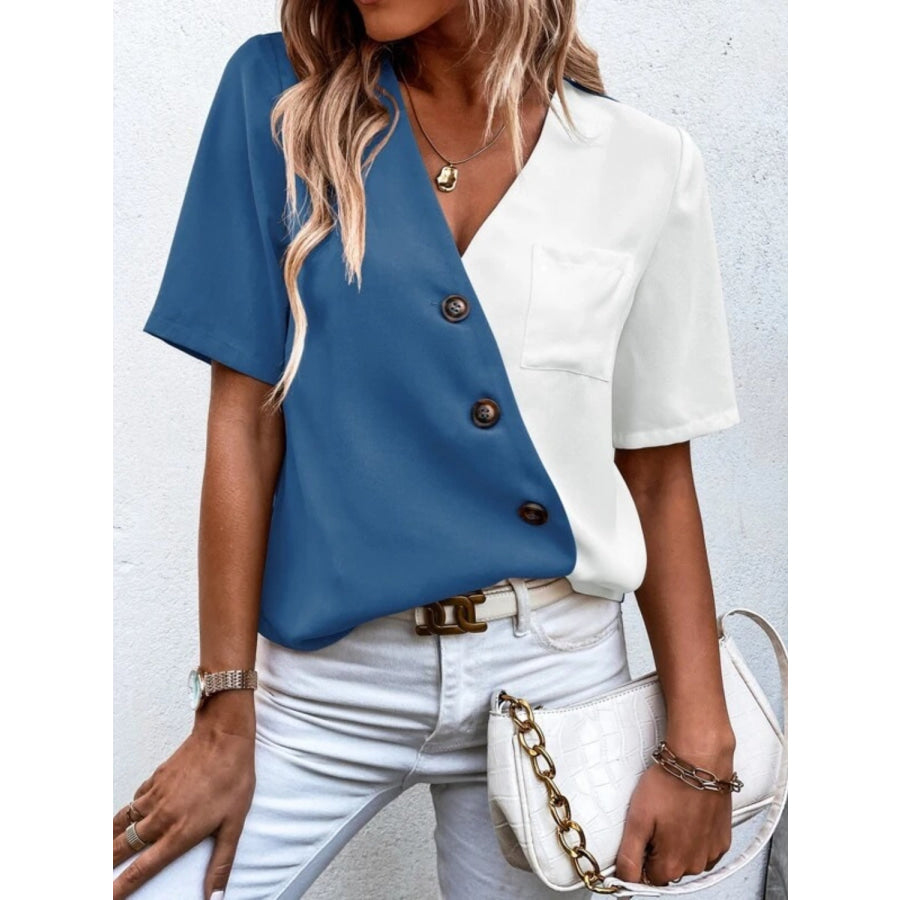 Decorative Button Surplice Short Sleeve Blouse Dusty Blue / S Apparel and Accessories