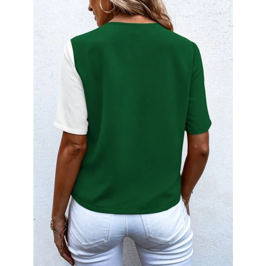 Decorative Button Surplice Short Sleeve Blouse Green / S Apparel and Accessories