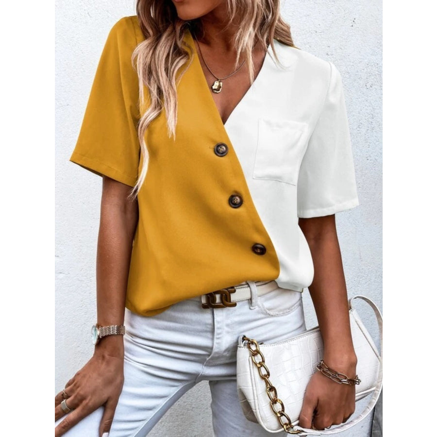 Decorative Button Surplice Short Sleeve Blouse Honey / S Apparel and Accessories