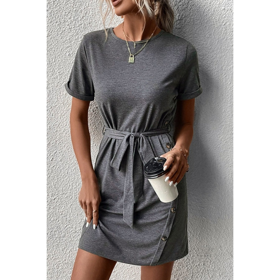 Decorative Button Tie-Waist Cuffed Sleeve Tee Dress Dark Gray / S