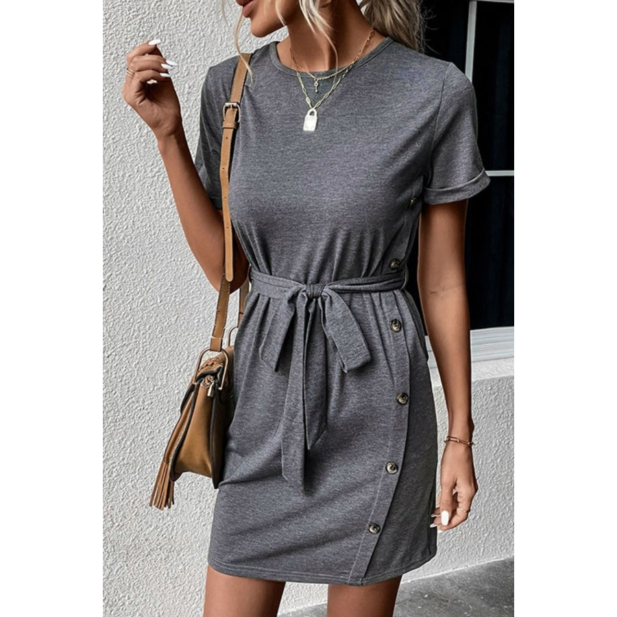 Decorative Button Tie-Waist Cuffed Sleeve Tee Dress