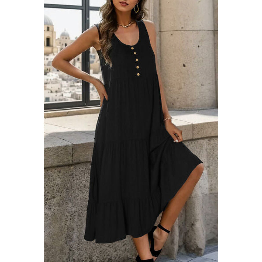 Decorative Button Tiered Tank Dress Apparel and Accessories