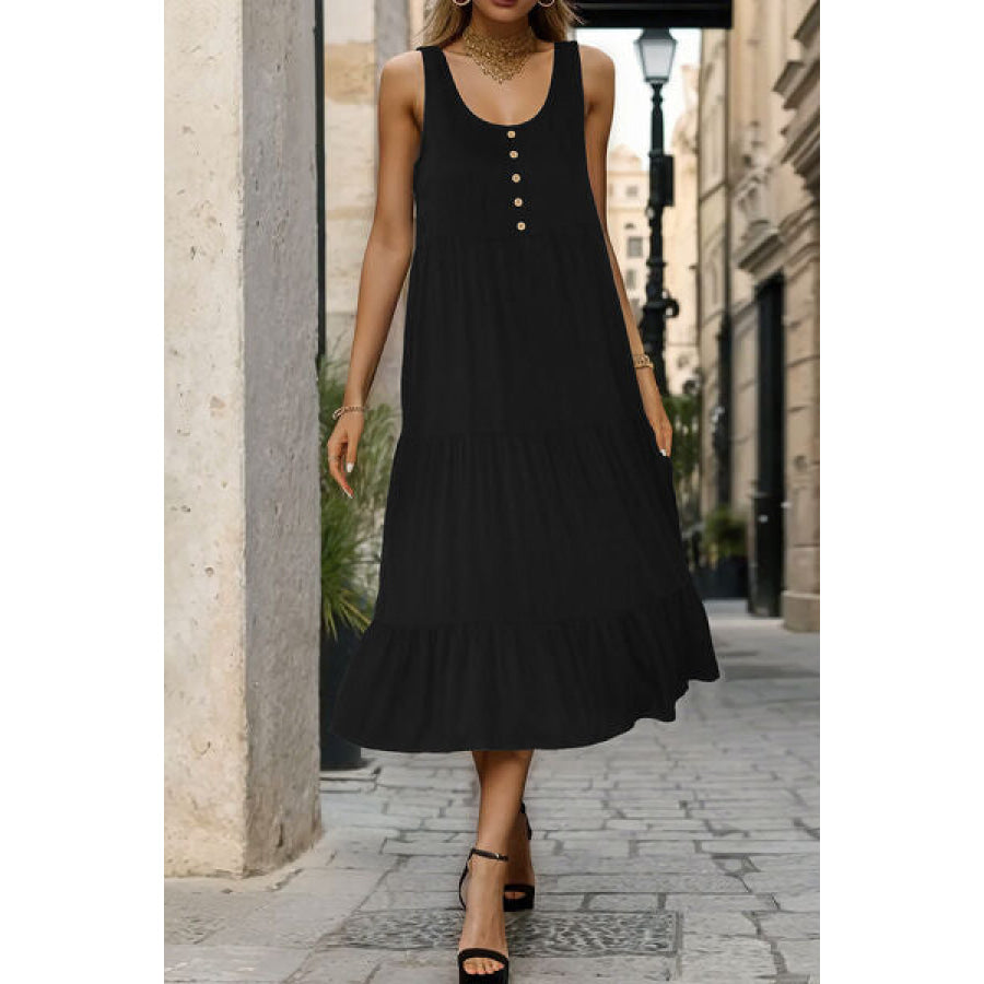 Decorative Button Tiered Tank Dress Black / S Apparel and Accessories