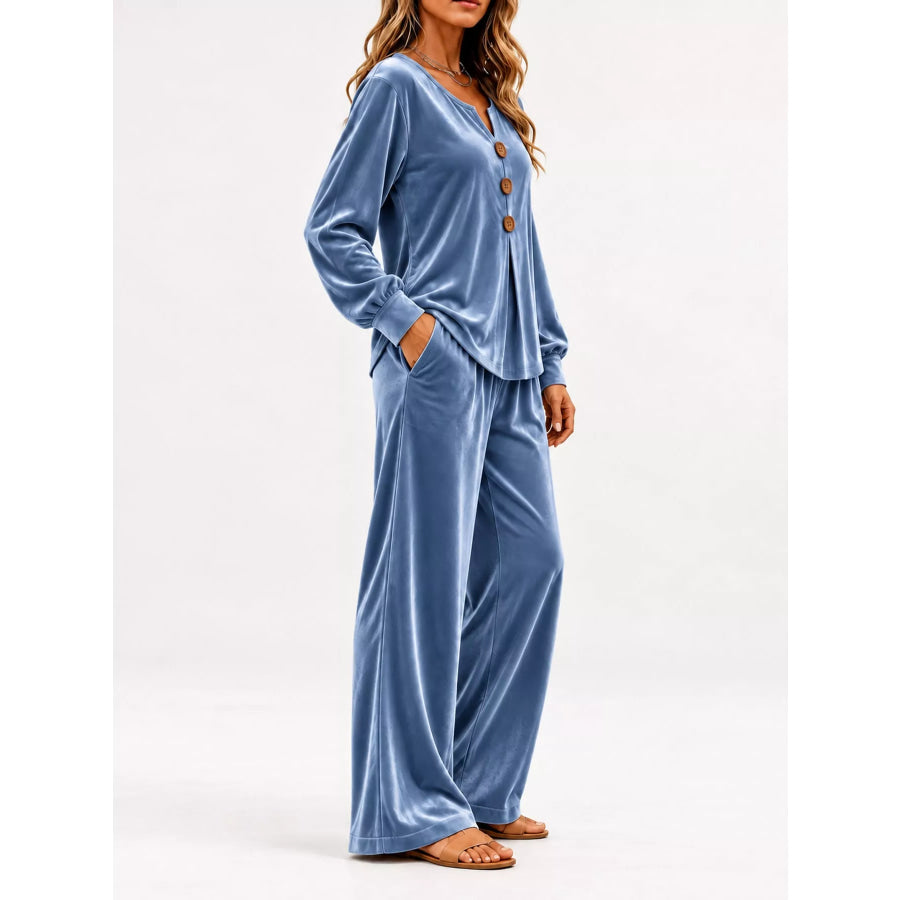 Decorative Button Top and Pants Set Apparel Accessories