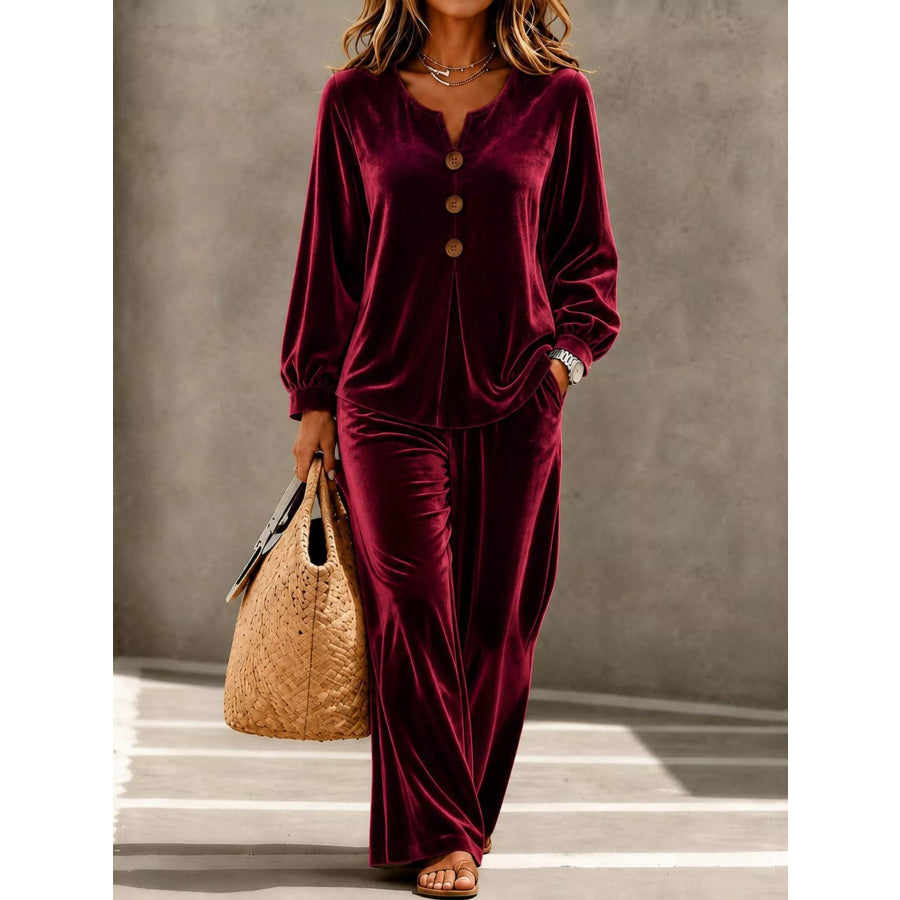 Decorative Button Top and Pants Set Burgundy / S Apparel Accessories