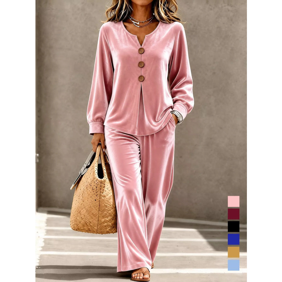 Decorative Button Top and Pants Set Pink / S Apparel Accessories