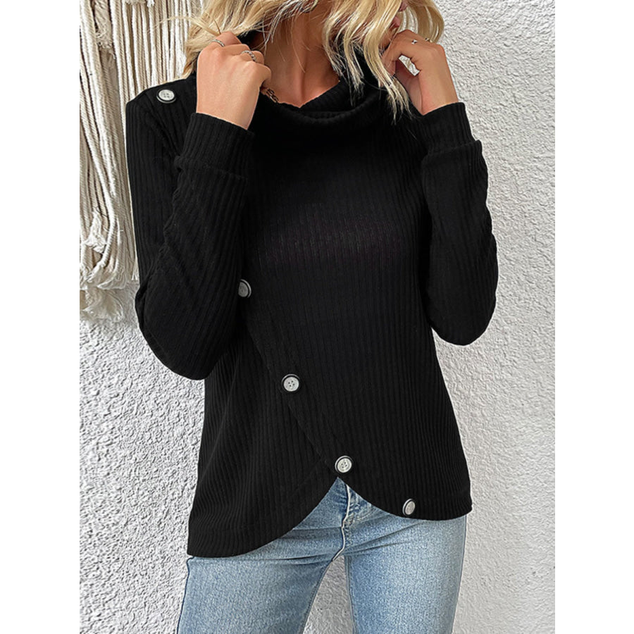 Decorative Button Turtleneck Long Sleeve T-Shirt Apparel and Accessories