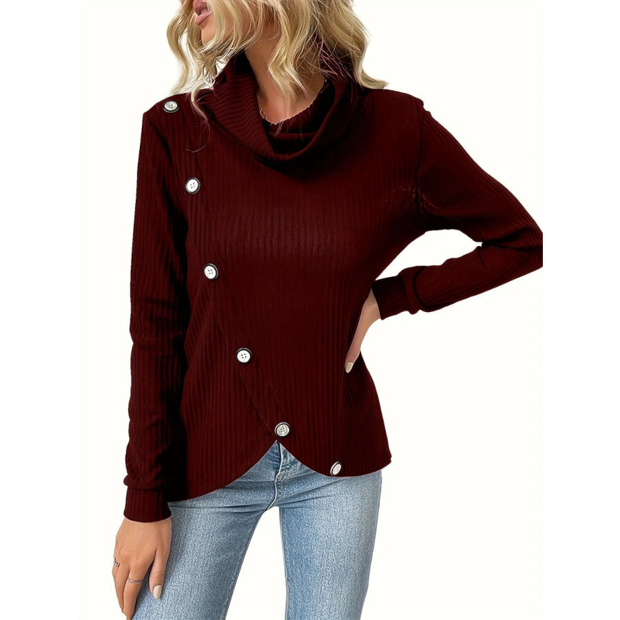 Decorative Button Turtleneck Long Sleeve T-Shirt Apparel and Accessories